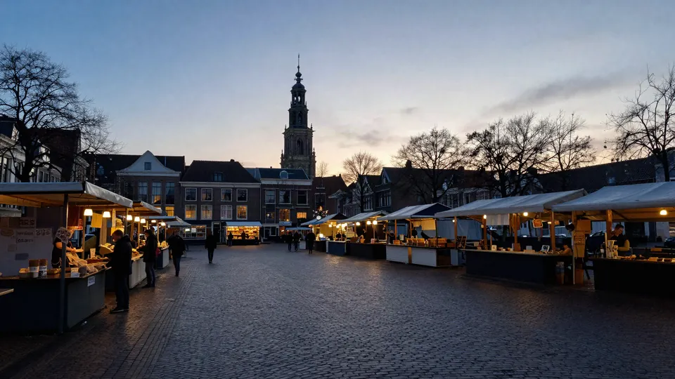 Sfeervol marktplein bij het eerste ochtendlicht